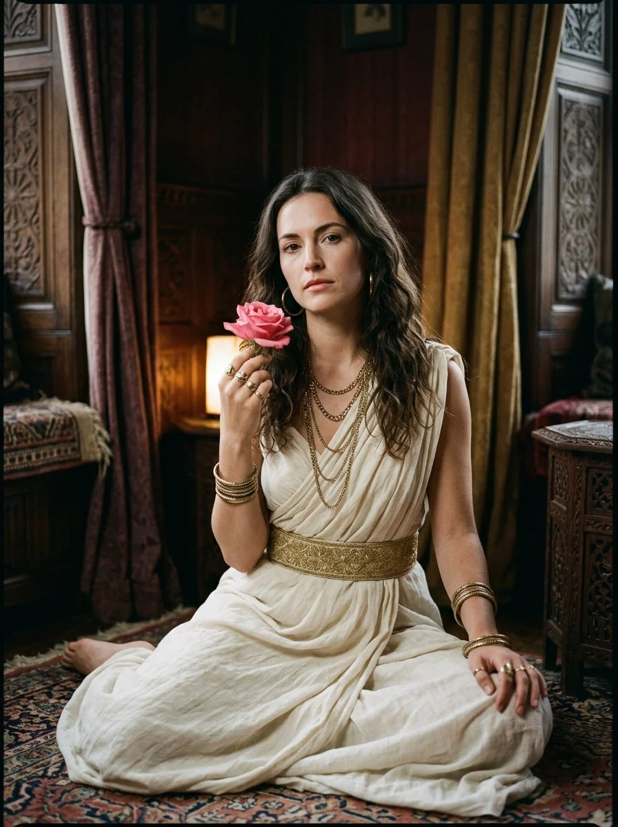 Graceful Figure in Dark Room Holds Pink Rose Gently