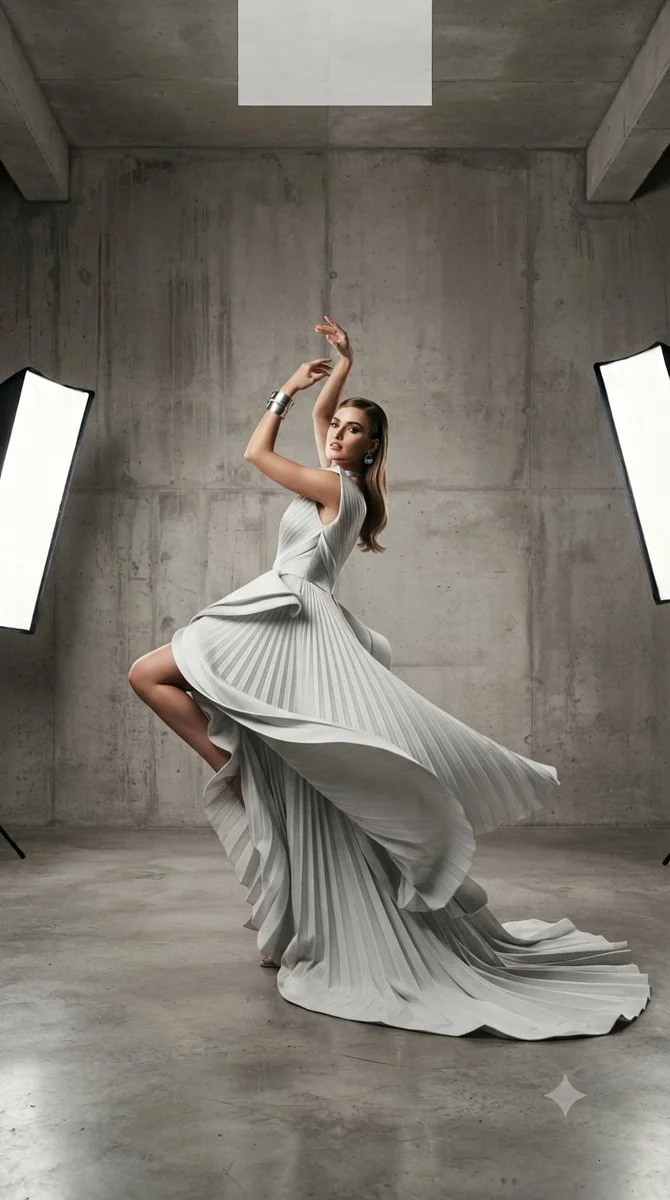 Graceful model in architectural pleated gown poses in concrete studio