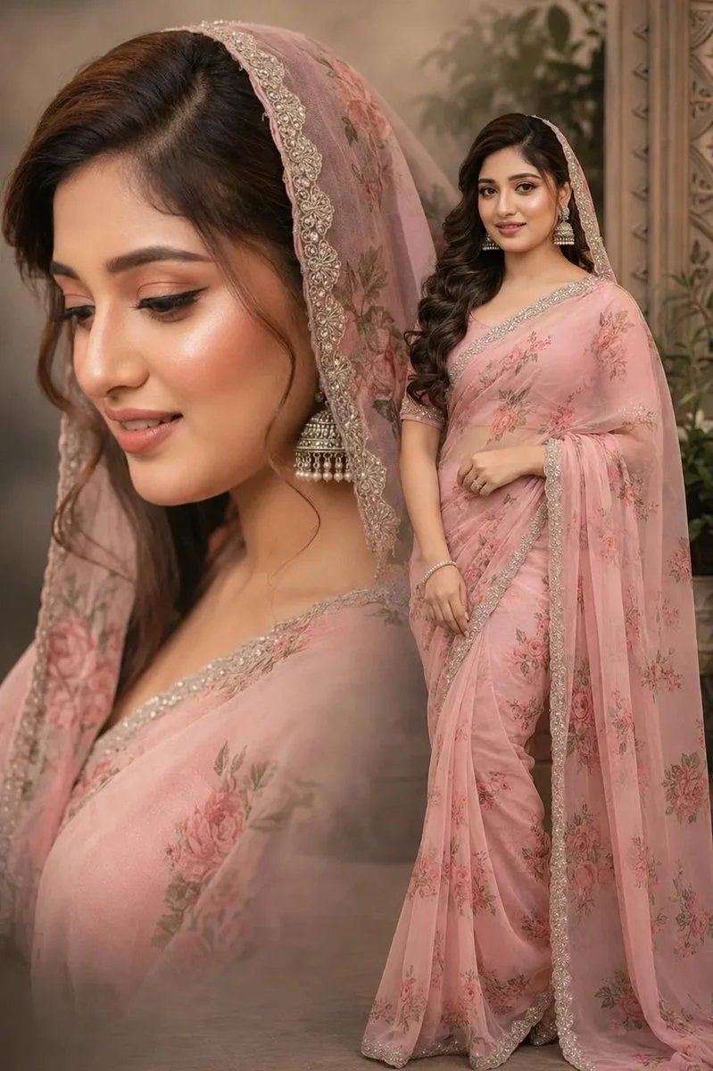 Graceful model in floral organza saree glows under warm light