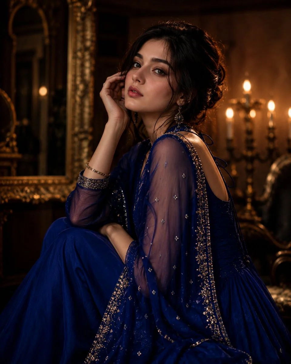 Graceful South Asian woman glows in royal blue amidst candlelight