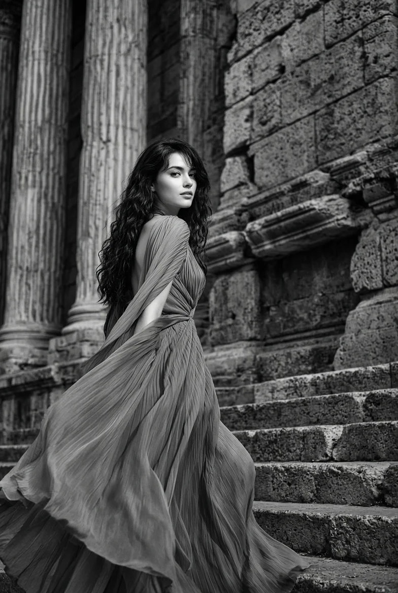 Graceful Woman Ascends Ancient Stone Steps in Monochrome