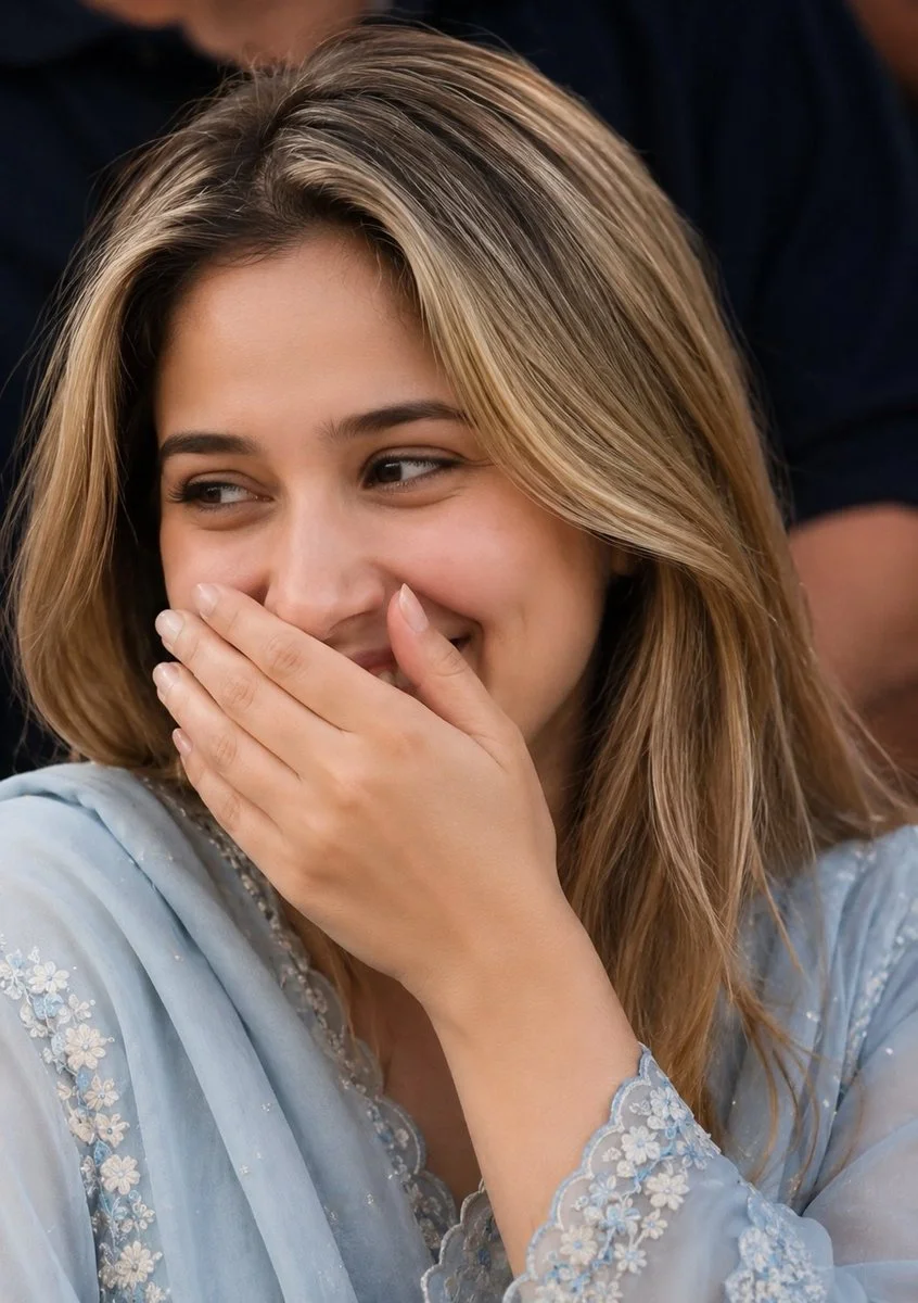 Graceful woman in traditional garb rests chin with thoughtful poise