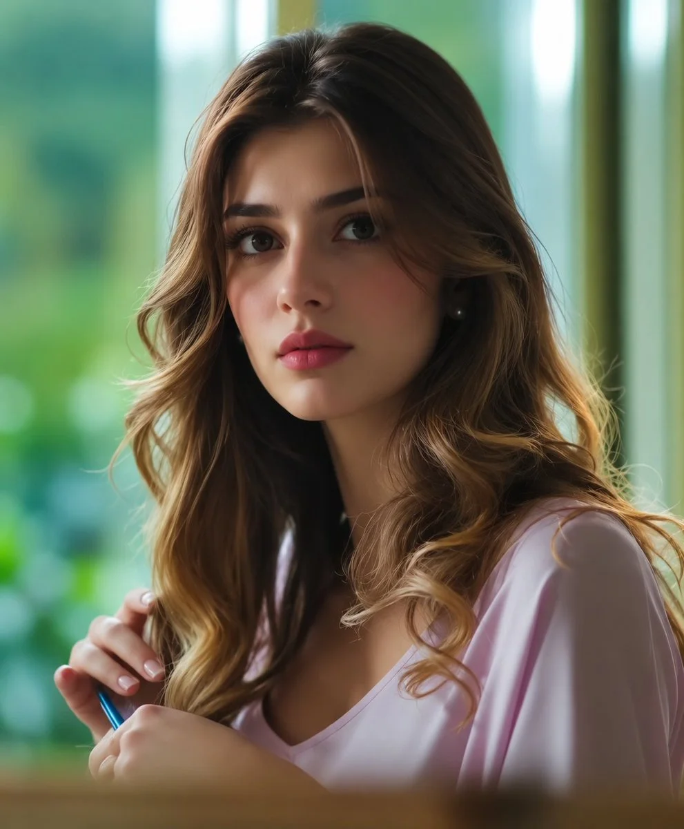 Graceful woman with dark eyes poses thoughtfully while holding a pen