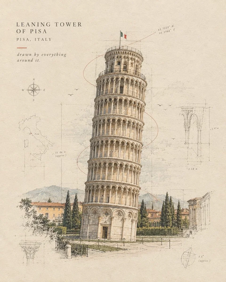 Graphite Architectural Poster of a Landmark with Watercolor Washes