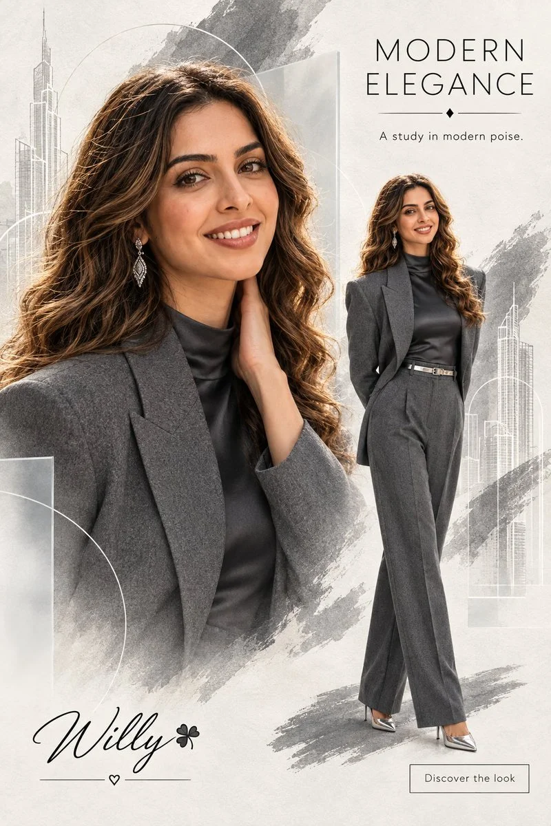 Gray brushstrokes and a sketched skyline frame a poised editorial smile