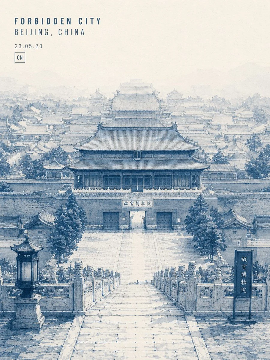 Great Wall winds through misty mountains in indigo ink wash