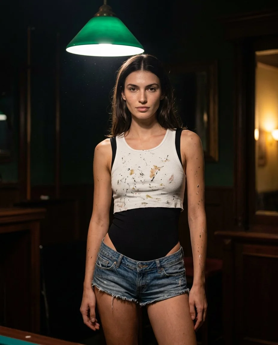 Green billiard lamp casts dramatic shadows on model's paint-stained tank