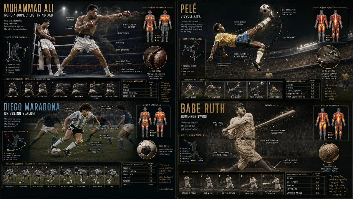 Grid of four GOAT athletes performing their signature moves in slow motion