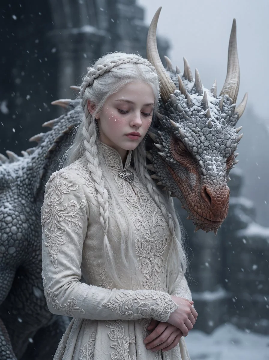 Grieving woman finds solace beside a resting grey dragon in snow