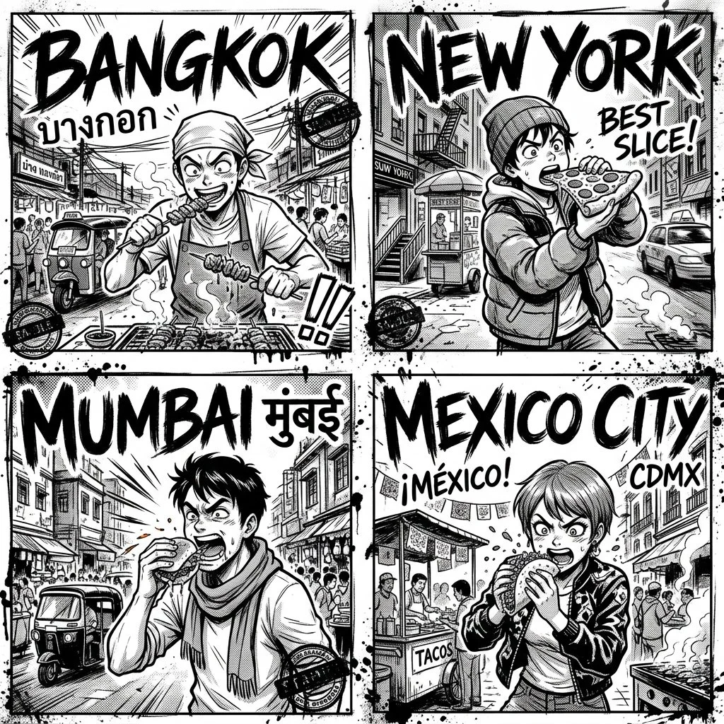 Gritty Manga Grid Shows Four Cities' Street Food Culture