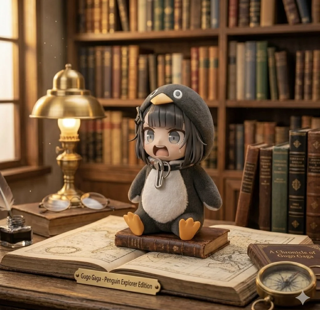 Gugo Gaga: The Crying Penguin Explorer in a Vintage Library