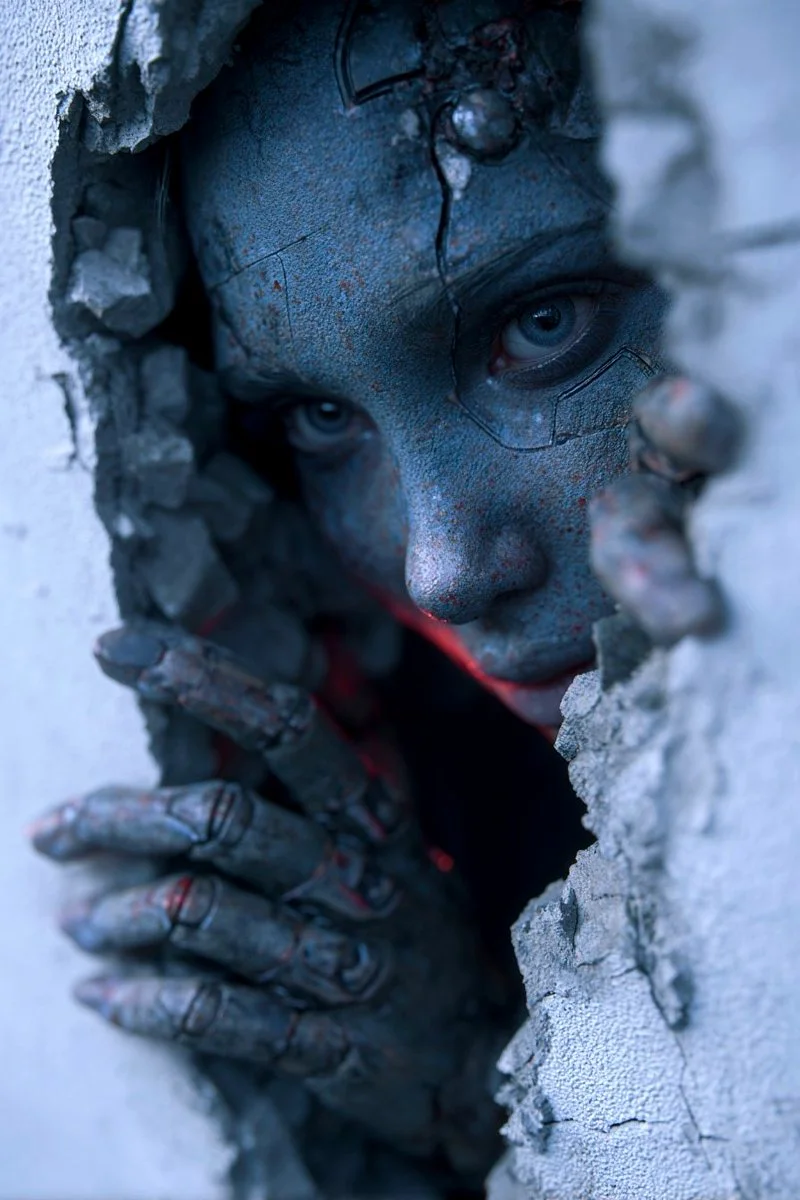Half-Cyborg Woman Emerging from Cracked Concrete Wall