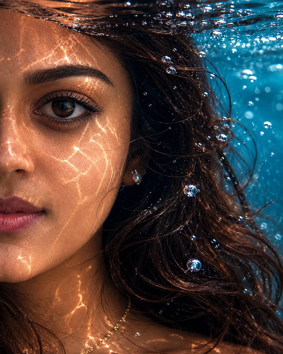 Half-submerged face with sharp focus on wet eyelashes and glowing skin