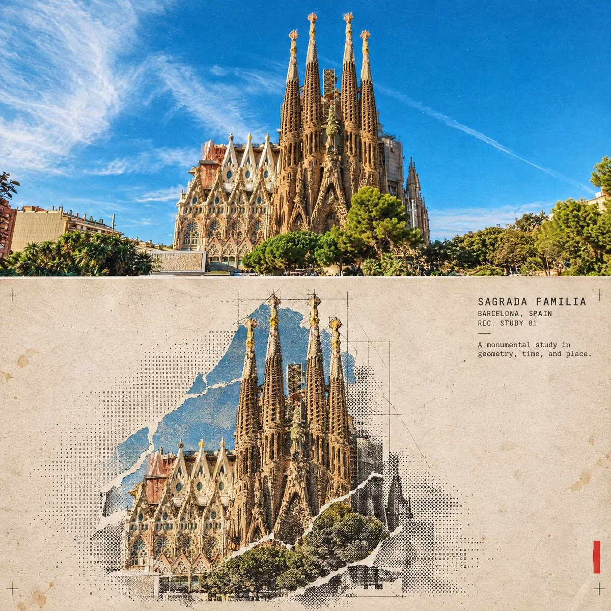Halftone collage poster splits real and printed architecture into two worlds