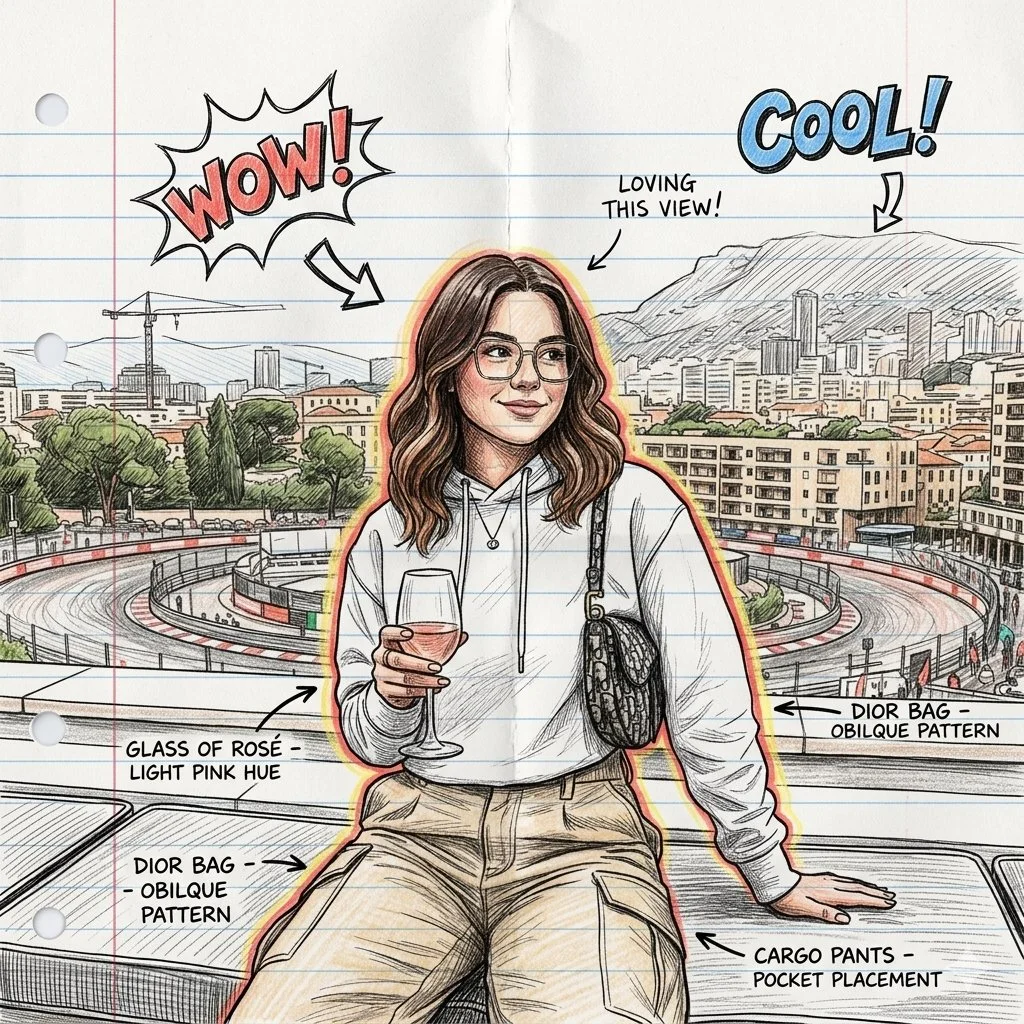 Hand-Drawn Character Sketch with Vibrant Concept Notes