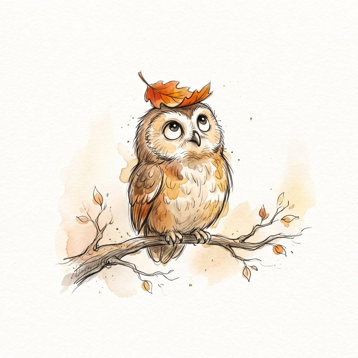 Hand-drawn owl on branch gazes up with leaf on head