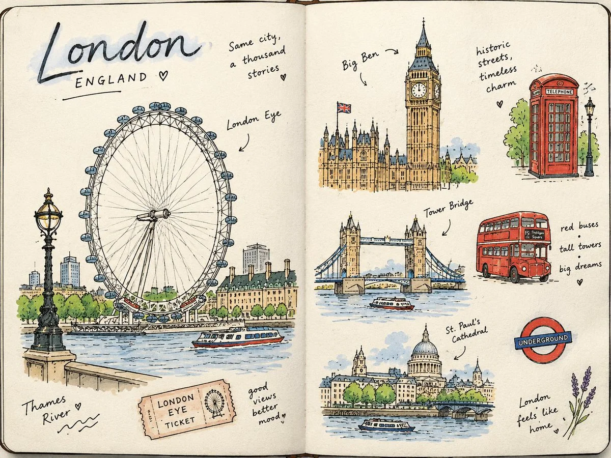 Hand-drawn Paris travel journal spread with Eiffel Tower sketch