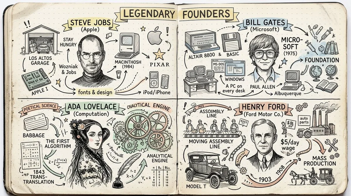 Hand-drawn sketchbook maps of four legendary founders in 2x2 grid