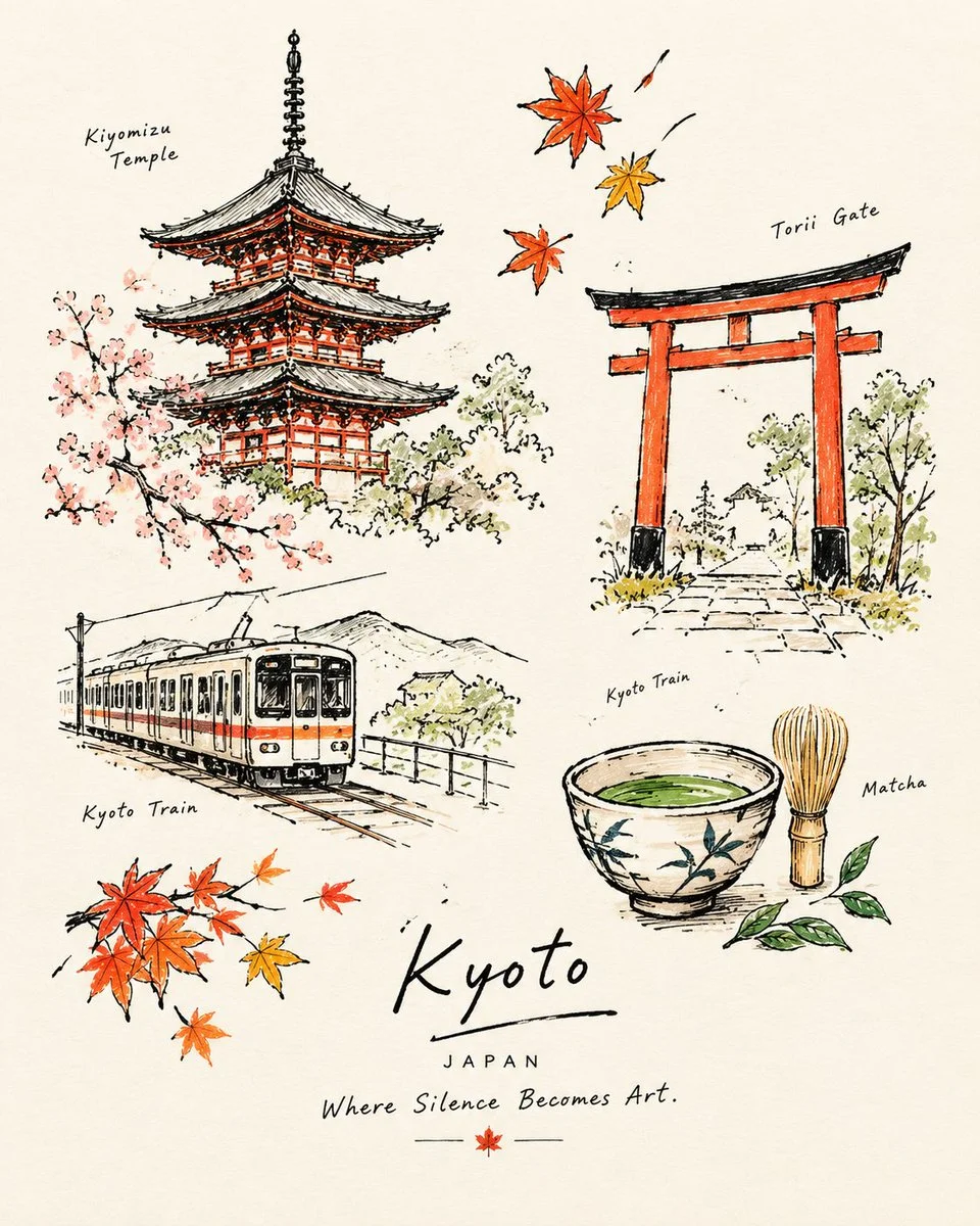 Hand-drawn travel journal illustration captures city charm with ink sketches