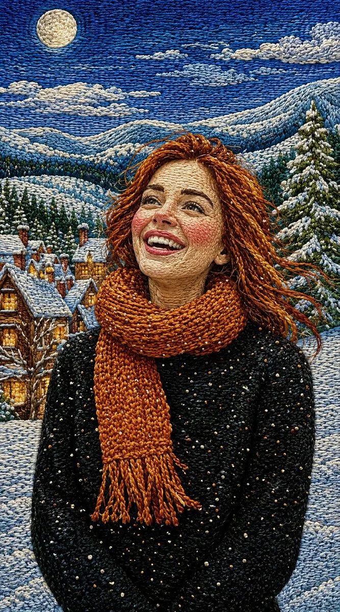 Hand-embroidered portrait preserves exact facial features with thread.