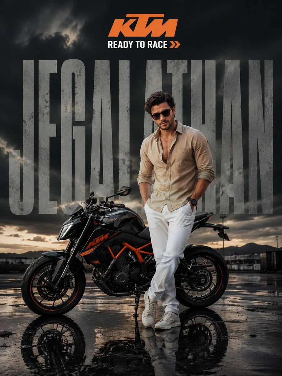 Handsome man in beige linen leans on KTM motorcycle