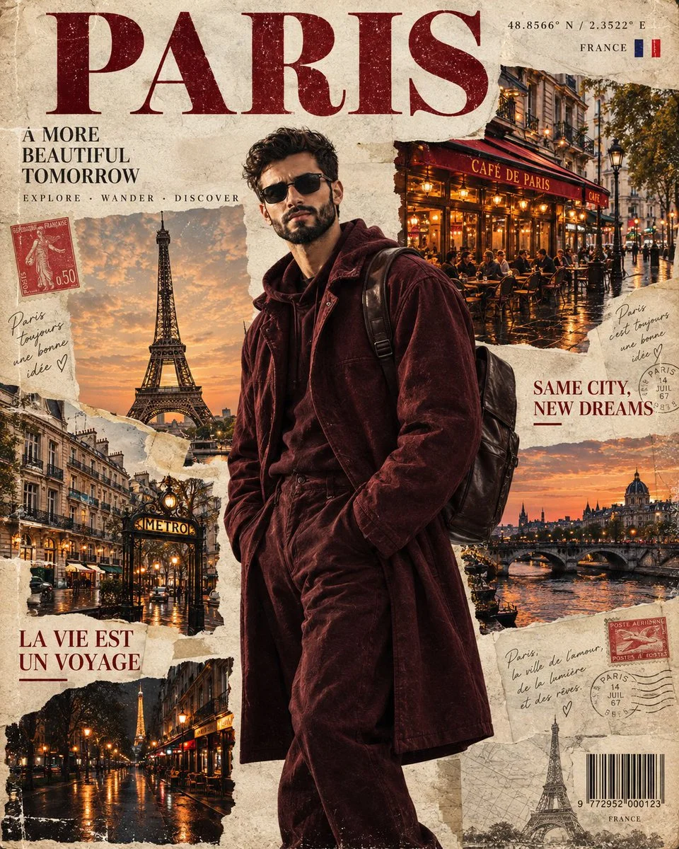 Handsome man in burgundy jacket poses on vintage Paris magazine cover