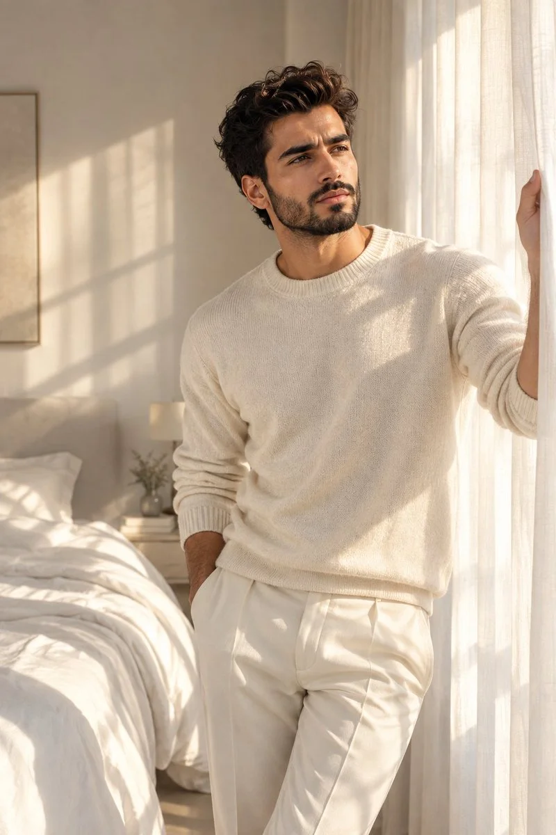 Handsome young man in ivory sweater gazes at morning light