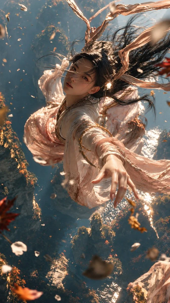 Hanfu Woman Reaches Toward Viewer in Misty Mountain Gorge