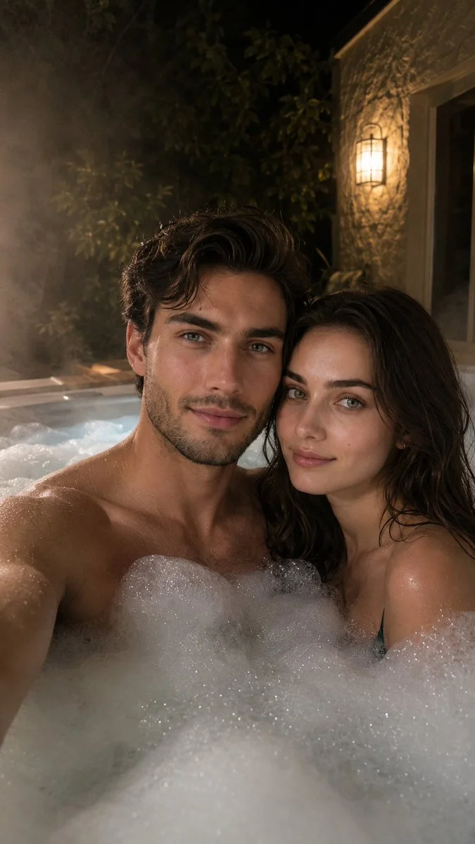 Happy couple enjoys a bubbly outdoor hot tub at night