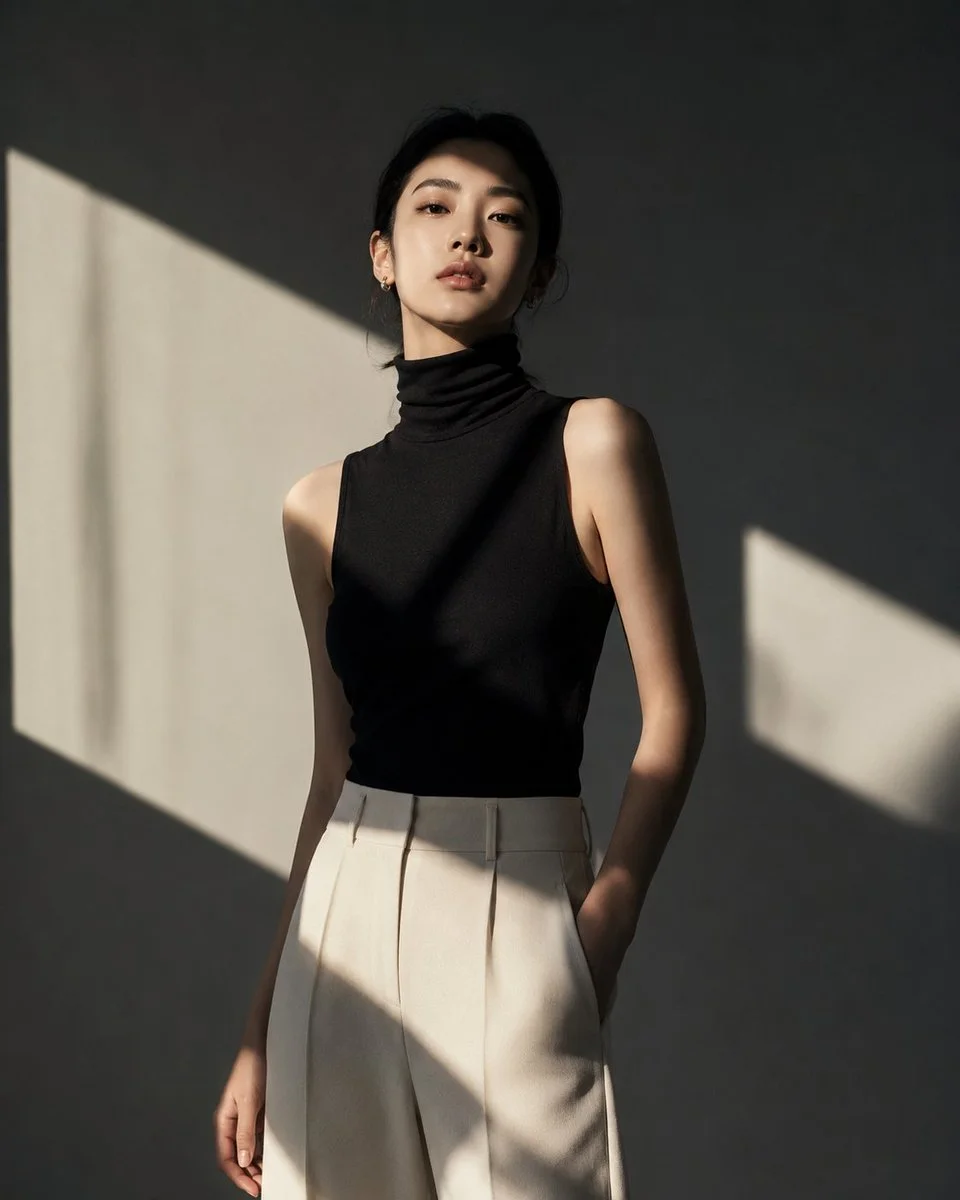 Hard light and minimalist fashion create a striking editorial portrait