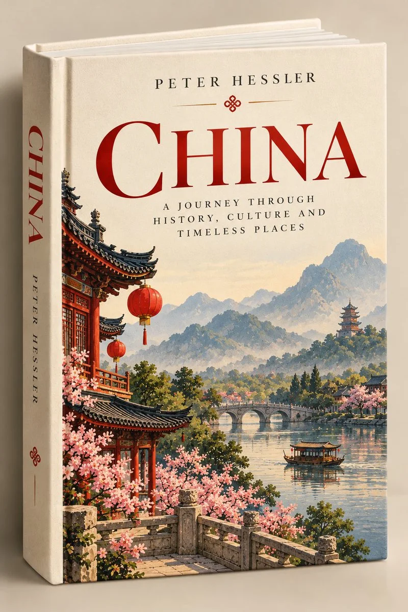 Hardcover travel book mockup stands with vintage illustrated cover charm
