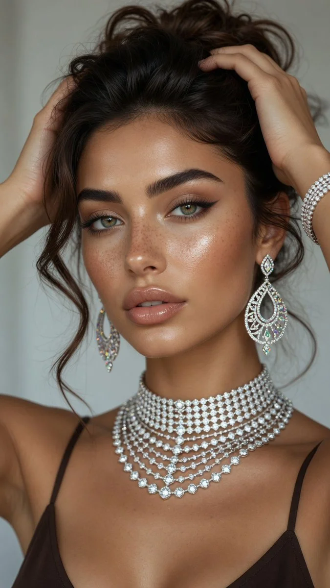 Hazel-eyed beauty in diamond jewelry poses with confident gaze