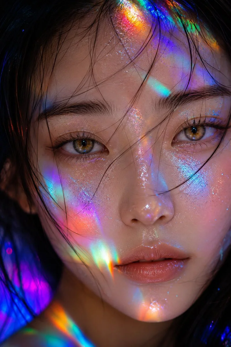 Hazel eyes gleam beneath rainbow refractions on dewy porcelain skin