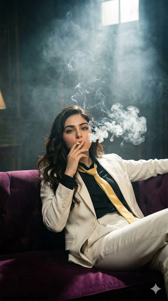 Hazy smoke swirls around a lounging model in a dimly lit room