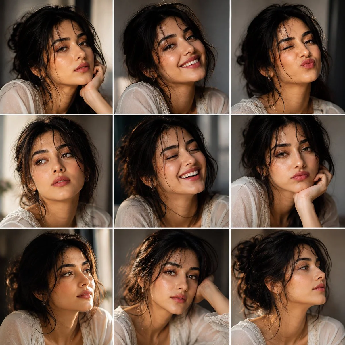 Her expressive brown eyes and warm smile fill a nine-panel character sheet