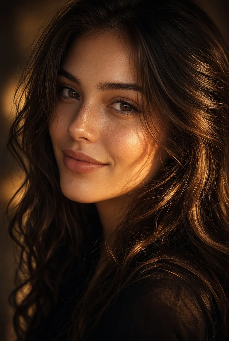 Her Expressive Brown Eyes Radiate Warmth in Soft Light