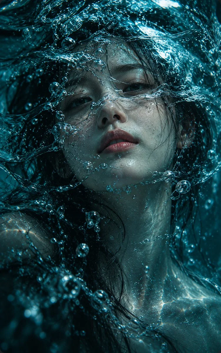 Her face dissolves into rippling teal ocean light