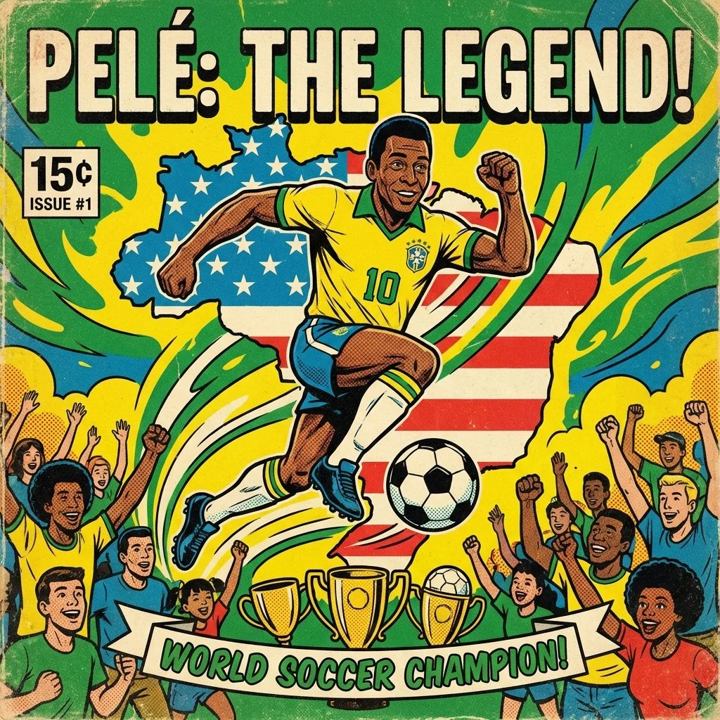 Heroic Pelé in Dynamic Vintage Comic Style with Brazil’s Spirit