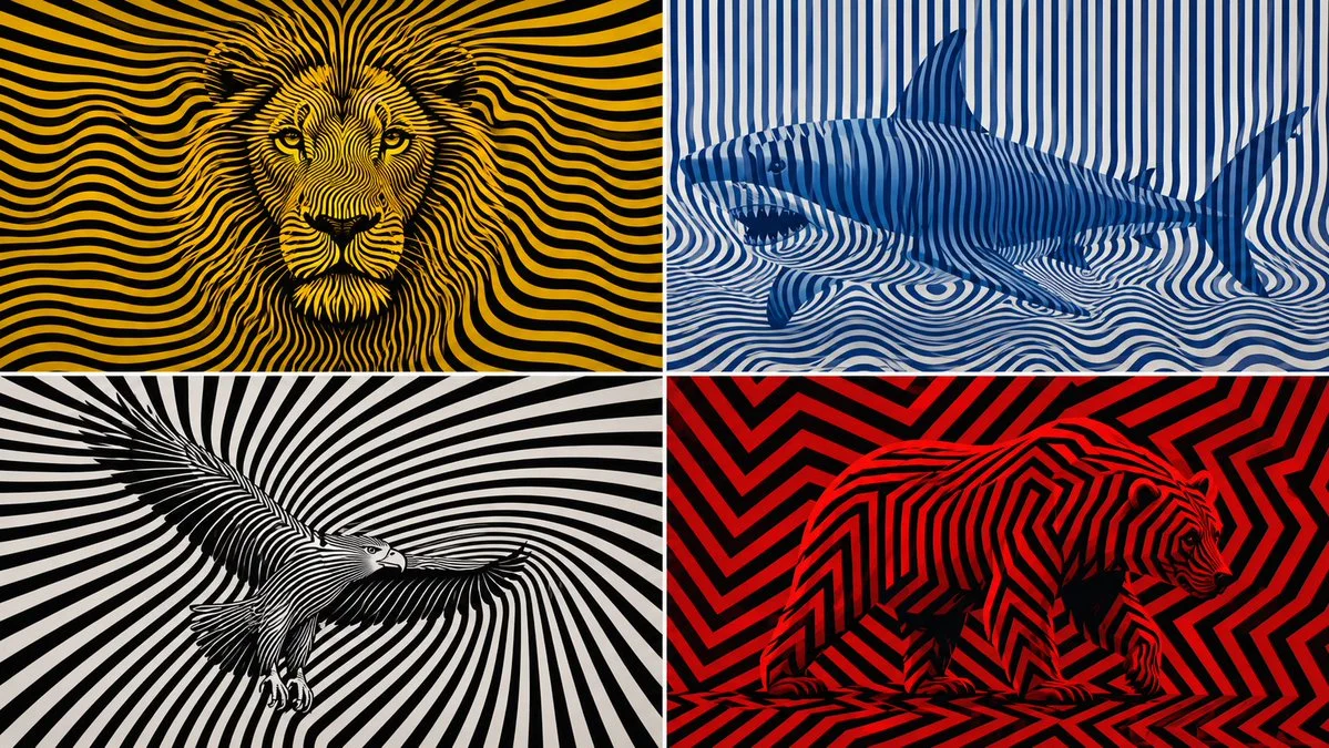 Hidden geometric patterns emerge from stark contrasting Op Art illusions