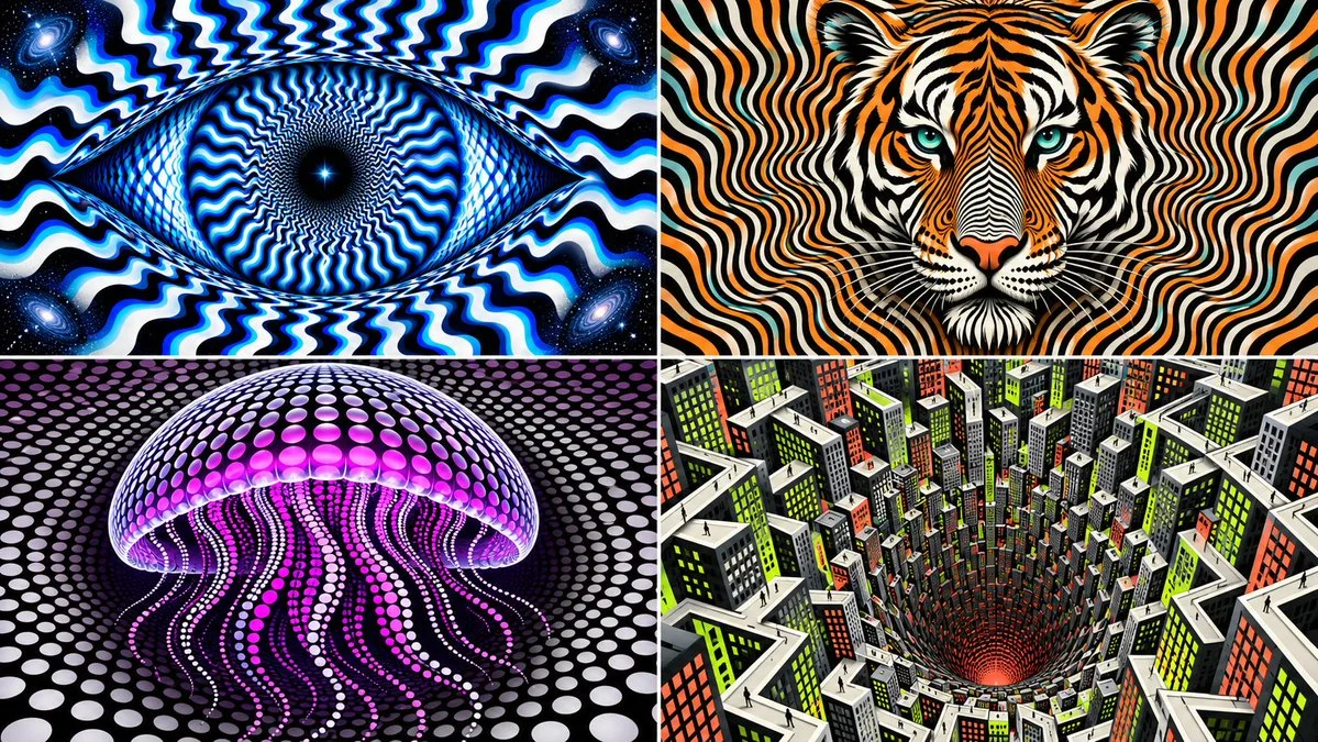 High-contrast optical illusion bends wavy grid into a raised sphere