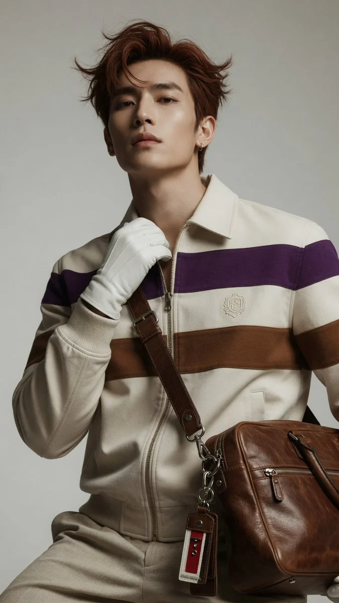 High-fashion editorial portrait of a man with a leather bag and glove.
