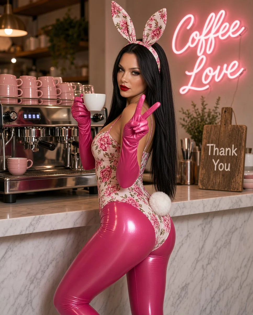 High-fashion shot captures cafe joy with neon Coffee Love sign