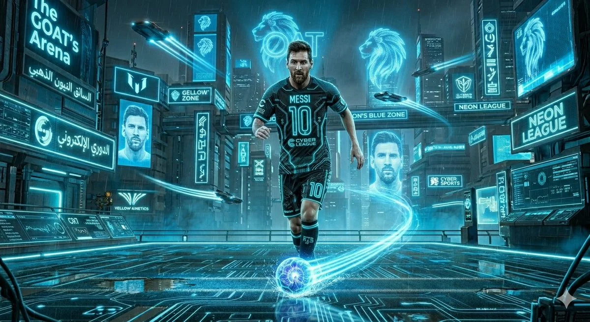 Holographic billboards illuminate a soccer player's electric kick in rain.