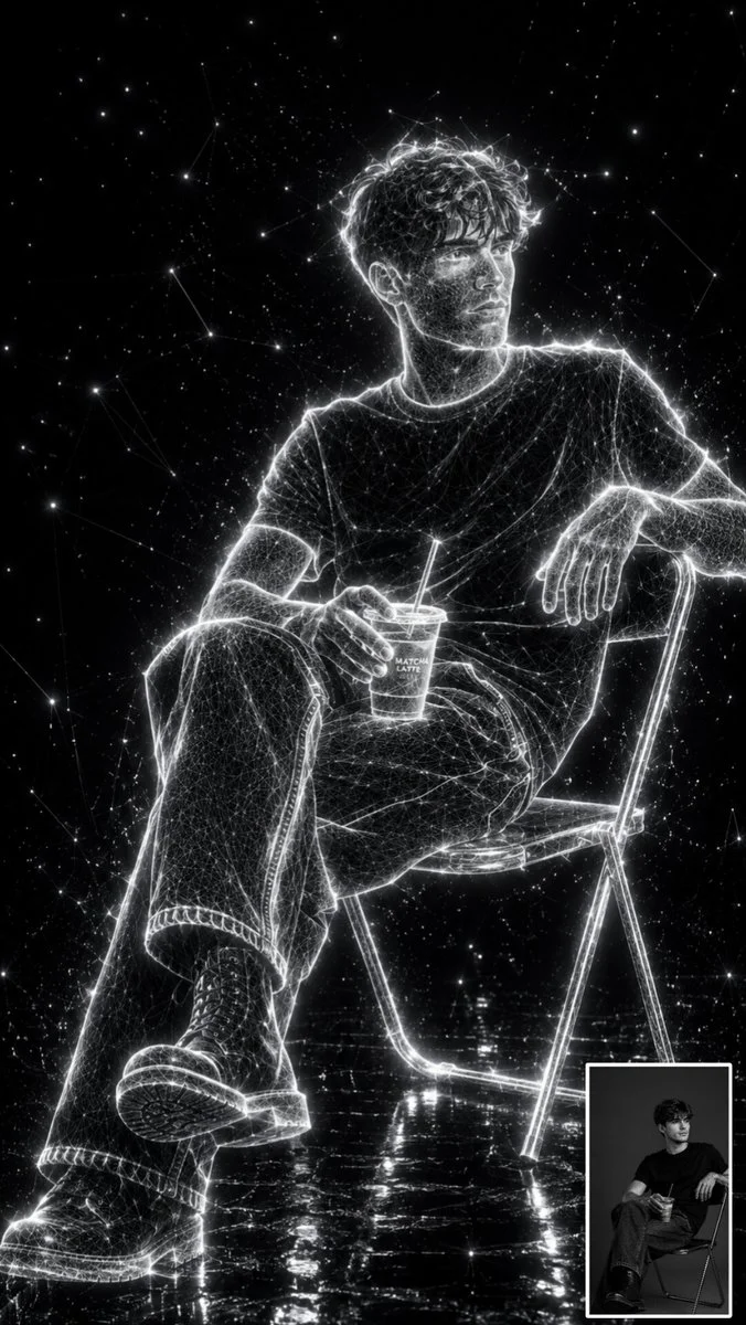 Holographic white wireframe portrait glows against a deep black background