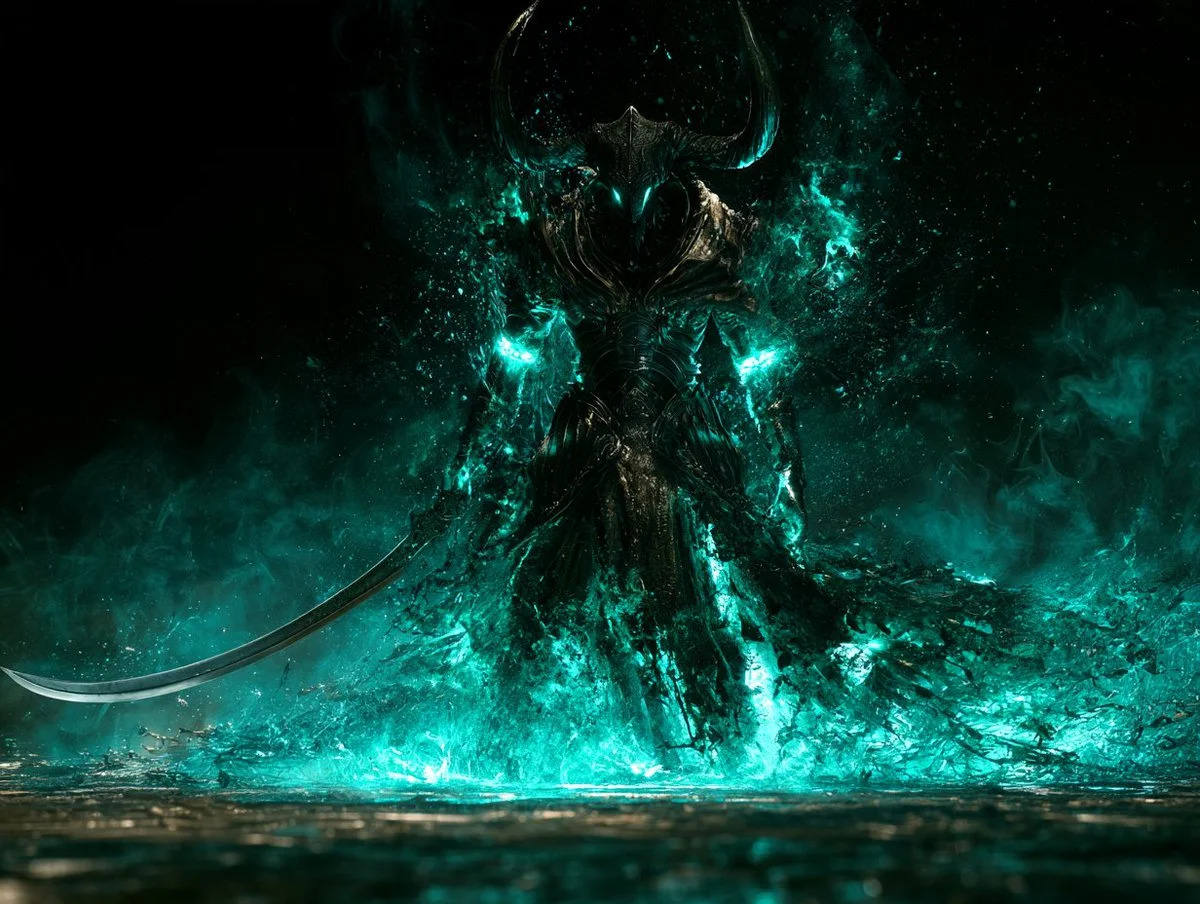Horned Knight's Teal Glow Illuminates Tattered Cloak in Dark Fantasy