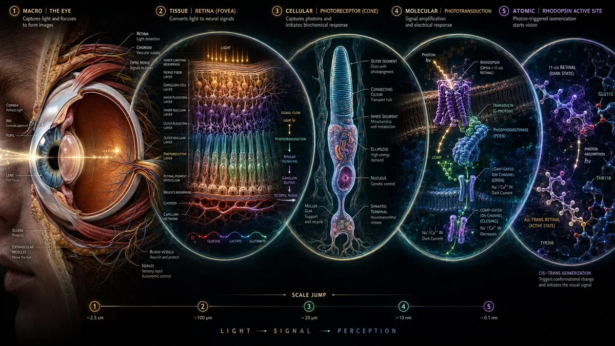 Human eye anatomy transitions from macro to atomic scale in fractal composition
