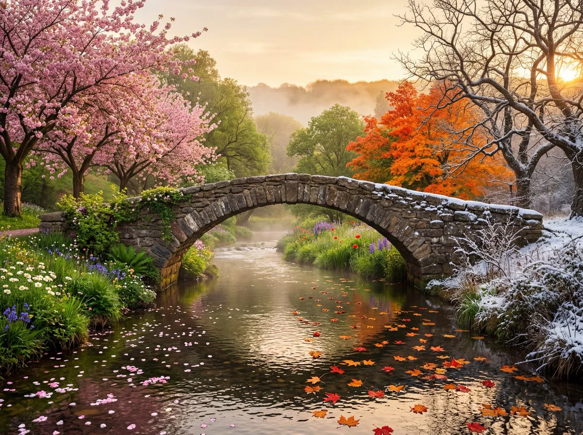 Human Scale Scene Merging Four Seasons in Golden Hour Glow