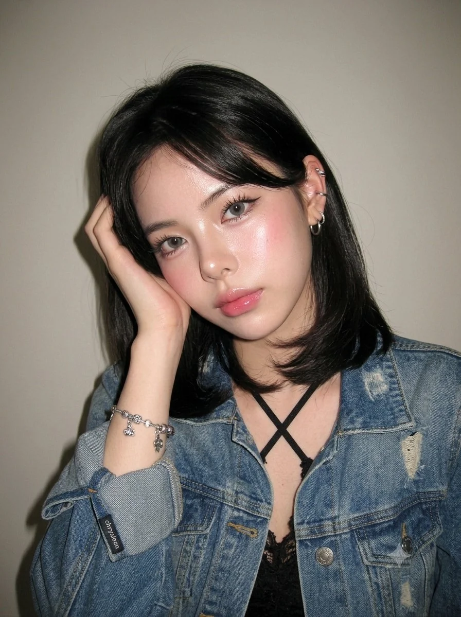 Hyper-real portrait of woman in denim jacket with hand near temple
