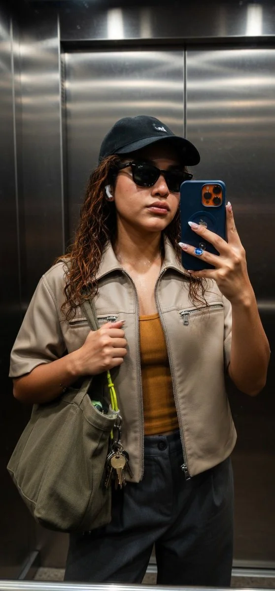 Hyper-Realistic Elevator Selfie: Texture and Light in 8K Detail