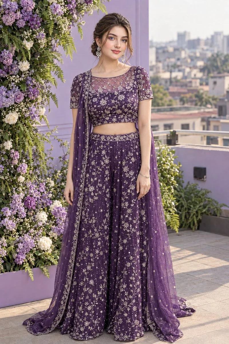 Hyper-Realistic Fashion Portrait of South Asian Woman in Royal Purple Lehenga